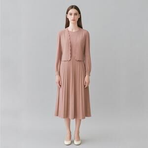Vintage 70s Dusty Rose Midi Dress with Scalloped Vest Pleated Skirt Size 12‎